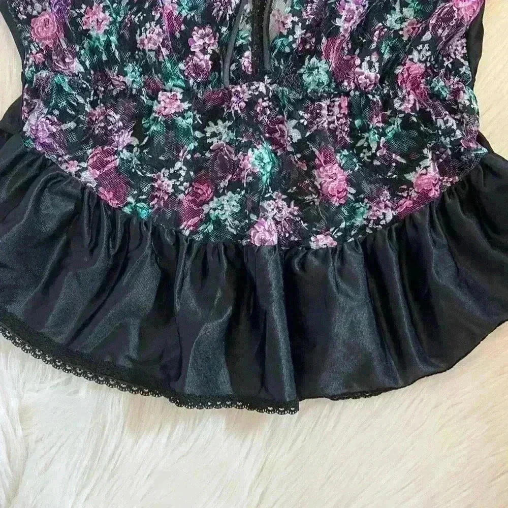 Vintage Floral Sheer Lace Deep V Ruffle Camisole Large - Picture 4 of 5